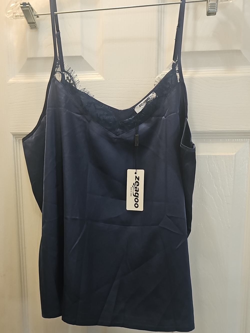New With Tags Zeagoo Navy Satin Lace-Trim Camisole Top